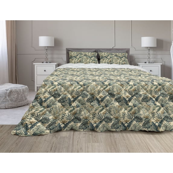 Jungle Comforter & Sham Bedding Set, Exotic Foliage Plants Hibiscus in Earth Tones Monstera Palms Illustration, 3 pcs Duvet Set Microfiber Filling Quilt, 5 Sizes, Cream Hunter Green, by Ambesonne