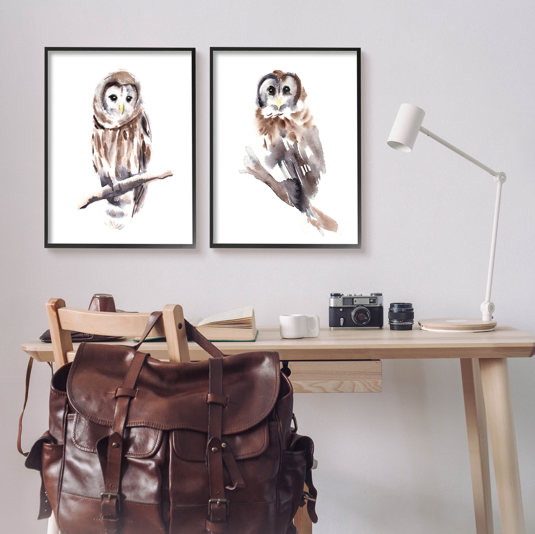 Stupell Industries Perched Owl Wildlife Portrait Painting Black Framed Art Print Wall Art, Set of 2, Design by Annie Warren