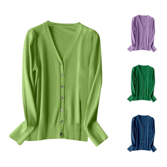 Xiaoxatg Women's Cardigan V Neck Knitted Cardigan Sweater with Long Sleeves for Spring Autumn Lightweight Layering Top Light Green L