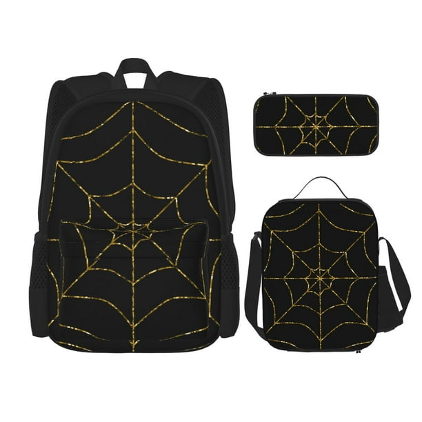 Disketp Golden Spider Web Mochila Estampada de Gran Capacidad con Lonchera y Estuche, Set de 3 Piezas para Estudiantes
