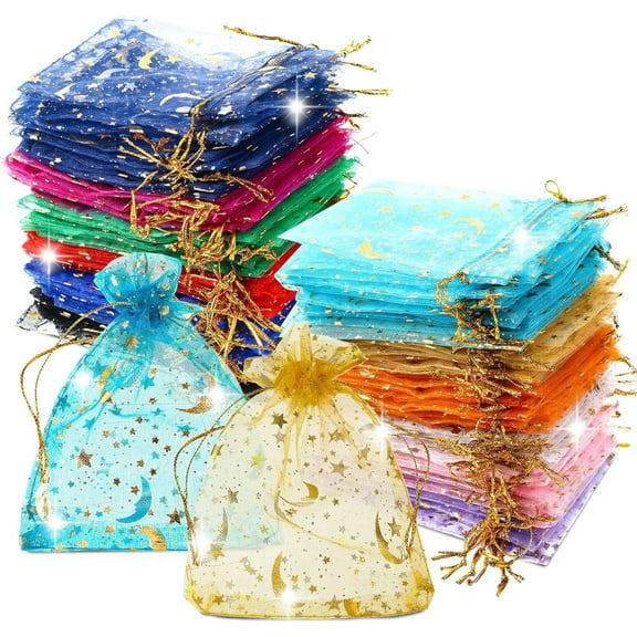 100 Pcs Moon Star Organza Bags, 4x6" Wedding Favors Bags with Drawstring, Mixed Color Little Mesh Candy Gift Pouches for Party, Jewelry, Christmas, Festival, Eid Mubarak Party Favor Bags