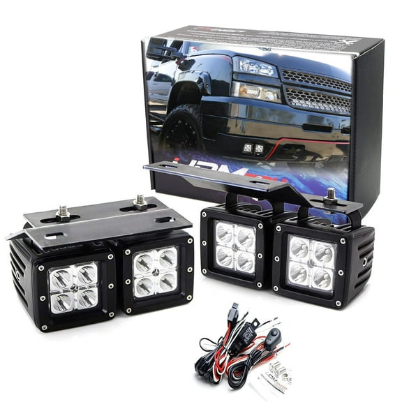 Dual LED Pod Fog Lamps For 02-06 Chevy Avalanche, 03-07 Silverado 2500 3500, Incl (4) 20W High Power LED Cubes, Foglight Location Mount Brackets & On/Off Switch Wiring Kit