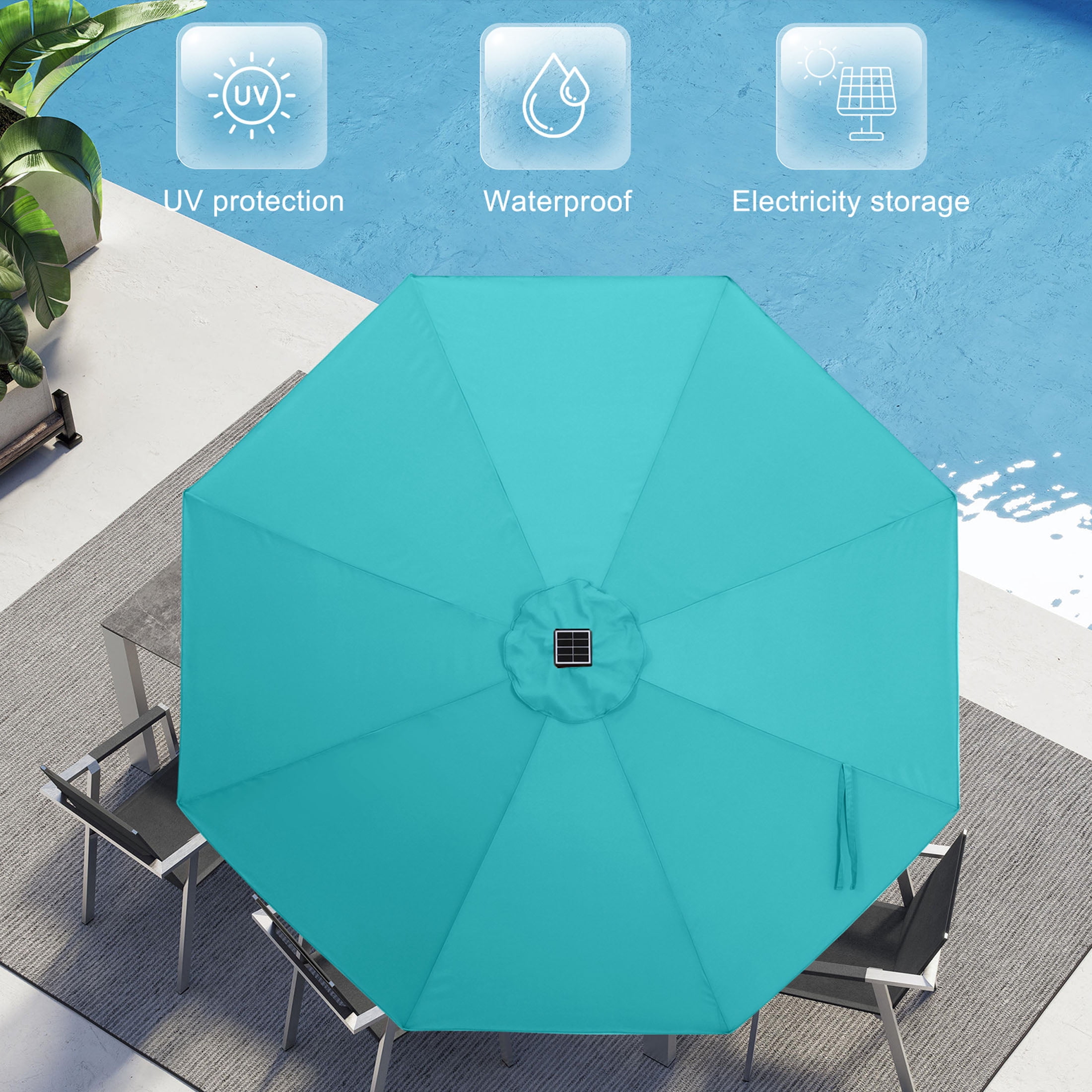 MASTERCANOPY 9ft Solar Patio Umbrella with LED Lights Tilt and Crank, Turquoise