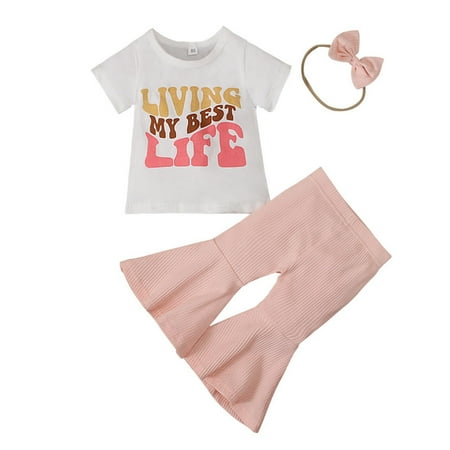 

Baby Clothes Boy Summer Letter Short Sleeved Top + Solid Color Bell Bottom Pants + Headband/Three Piece Suit Baby Clothes for Girls