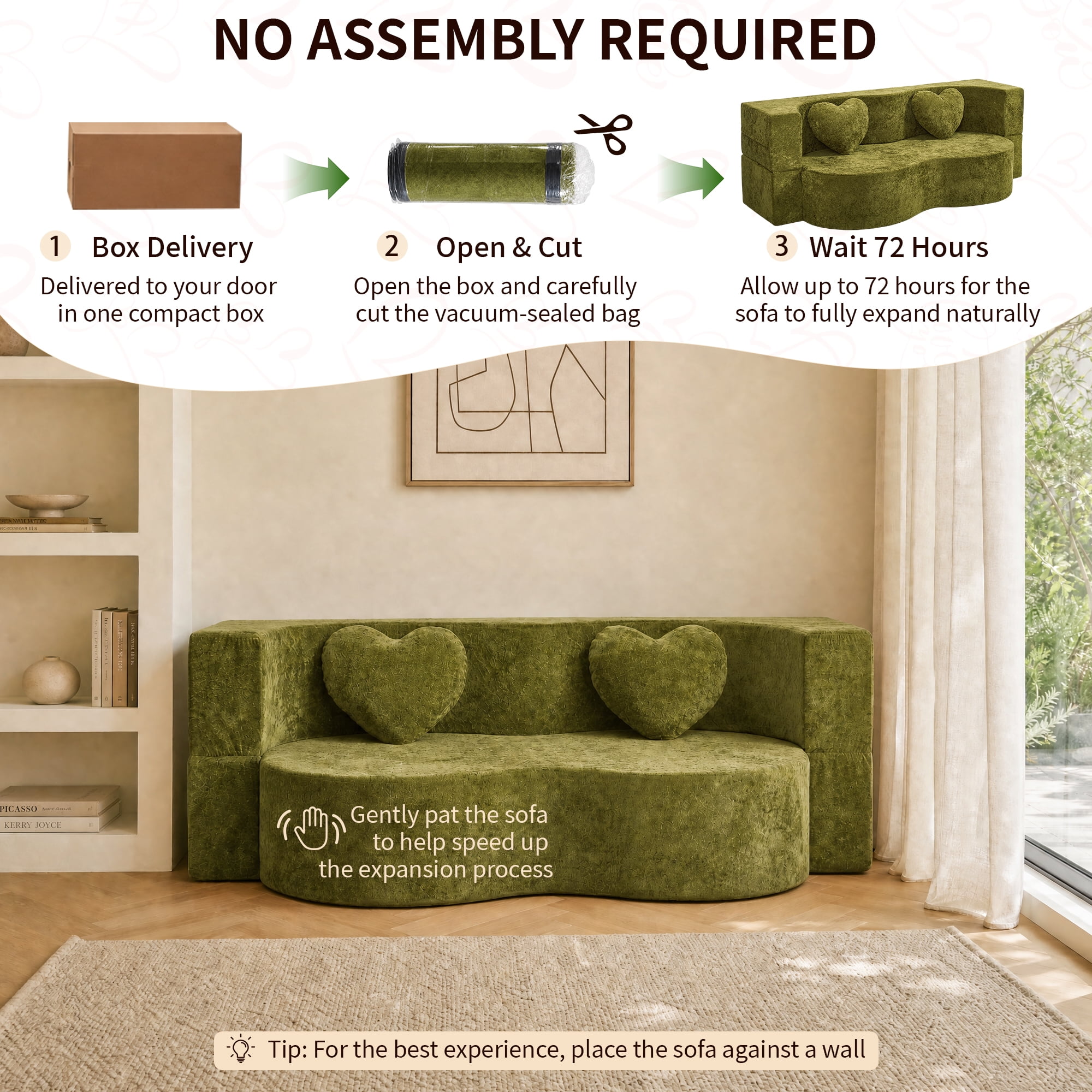 78.74"W Heart-Shaped Convertible Sofa,Floor Couch,Sleeper Sofa Bed,No Assembly High-Density Sponge Loveseat with 2 Heart Pillows for Living Room, Apartment,Olive Green