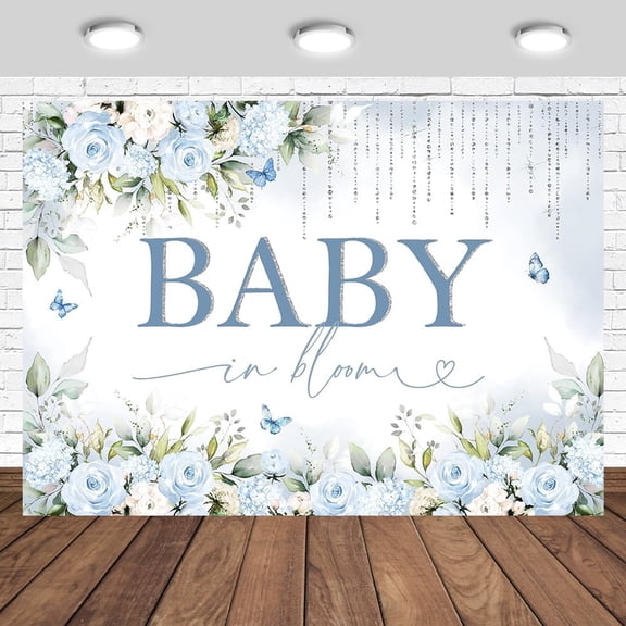 Baby in Bloom Backdrop Sky Blue Flowers Baby Shower Photography Background Blue Floral Butterfly Tassels Newborn Shower Birthday Party Decorations Banner Supplies Photo Booth Props