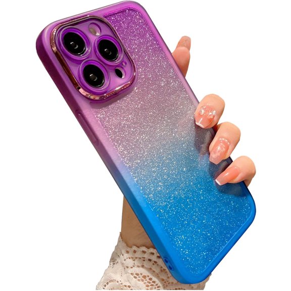Compatible with iPhone 14 Pro Case, Glitter Bling Gradient Slim Soft Phone Case, Shockproof Lens Camera Protection Sparkly Shiny Case for Women Girls for iPhone 14 Pro - Purple Blue