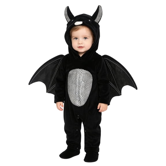 Yuncity Halloween Boys Romper Bat Long Sleeve With Hat Wing Design Casual Comfortable Simple Style Bodysuit Size 12-18 Months Black
