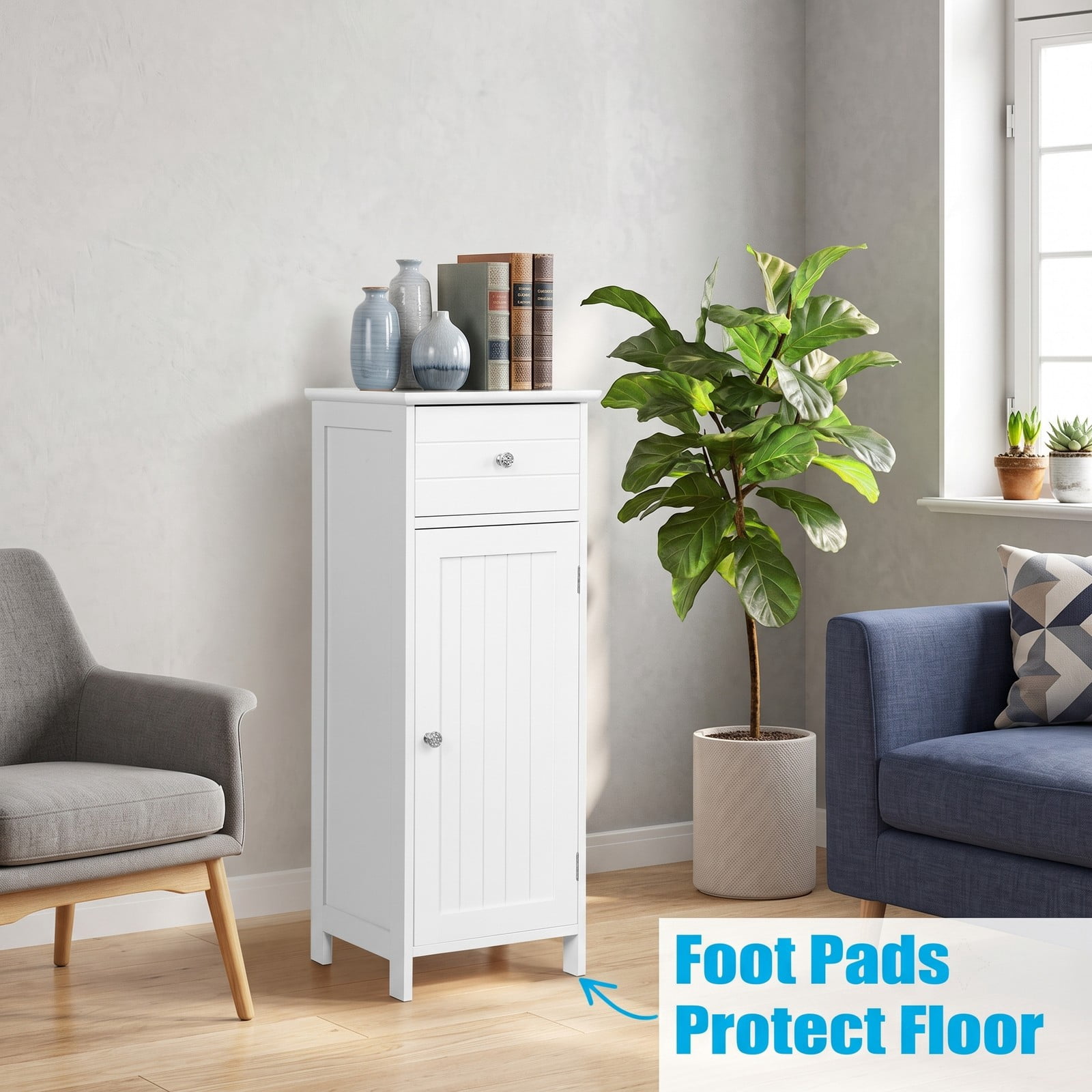 ALPULON Wooden Bathroom Floor Storage Cabinet with Drawer and Adjustable Shelf, Freestanding MDF Side Organizer for Bathroom Entryway Living Room, White