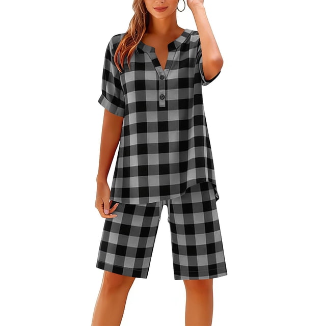 TaTaai Women's Summer Casual Cotton Linen Plaid V-Neck Button Short Sleeve Top and Drawstring Shorts Two Piece Set Loose Fit Comfortable Breathable Daily Outfit Gift