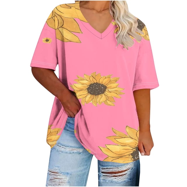 Camisetas Casuales de las Mujeres de Manga Corta de Cuello en V Oversized Camiseta Deportiva de Verano, Top Impreso Casual