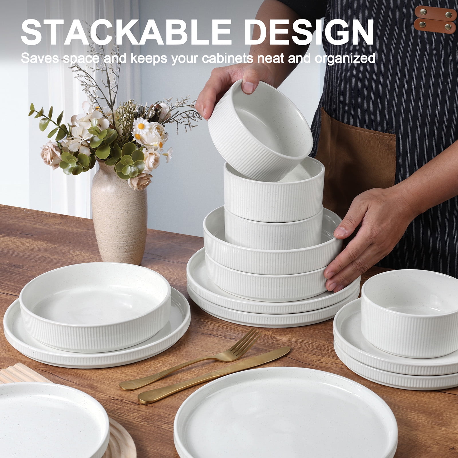 Vesteel 16 Pieces Dinnerware Set for 4, Premium Stoneware Ribbed Dishes, Chip & Scratch Resistant Plates and Bowls Set for Home Restaurant, Microwave and Dishwasher Safe - Speckled White