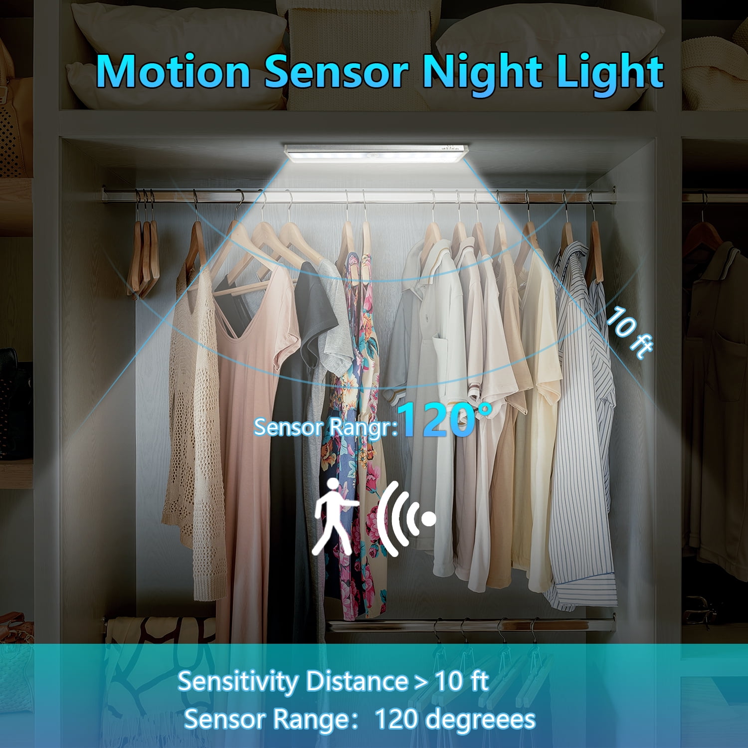 Leadleds 10-LED Under-Cabinet Motion Sensor Light, Stick-on Anywhere Wireless Battery Operated Safe Lights For Closet Cabinet Wardrobe Stair（3 Pack）