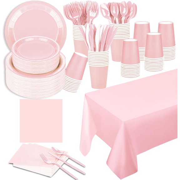 229PCS Pink Party Supplies Set Paper Disposable Plates Cups Plastic Spoons Forks Knives Pink Napkins for 30 Guests Disposable Party Dinnerware Sets for Wedding Birthday Parties