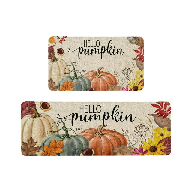 SLYNSHome Halloween Kitchen Rugs and Mats Set of 2,Fall Pumpkin Maple Leaves Floor Mat Thanksgiving Kitchen Mat