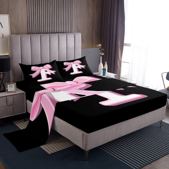 Erosebridal Initial Letter F Twin Sheet Sets, Black Pink Bedding Twin Size, Kawaii Bow-tie Reversible Bed Sheets Twin, Lightweight Room Decorative, 3pcs
