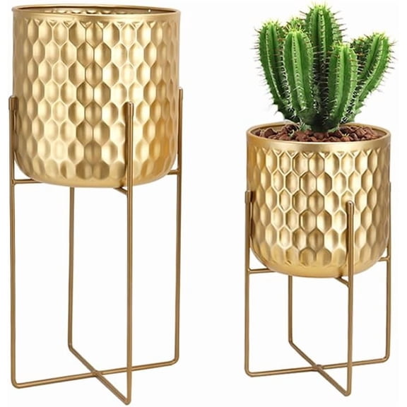 Set of 2 Planters with Stand Indoor Outdoor Metal Plant Stand 8 * 18 &7 * 12 "Modern Planters Flower Pots for Living Room Corner Kitchen Office Garden Balcony Patio Decor(Gold)