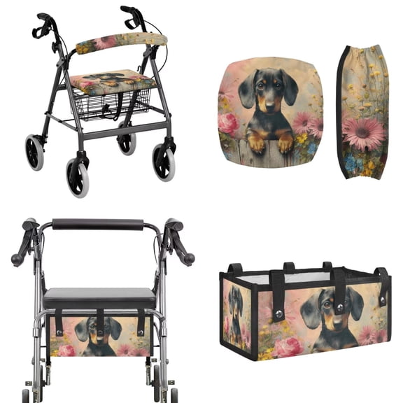 COEQINE Rollator Walker Seat & Backrest Rollbar Covers with Carry Storage Bag 3 Pack Set, Universal Size Decorative Cushion Cover for Women Men Elderly, Dachshund Daisy Floral
