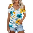 thumbnail image 4 of DeHolifer Women's T-Shirts V-Neck Hollow Out Floral Printed Breathable Short Sleeve Casual Loose Blouse T-Shirts Yellow M, 4 of 7