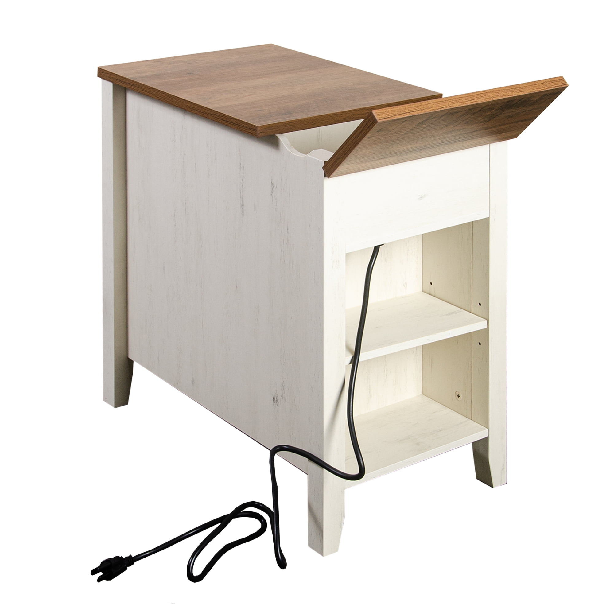 HOQBN Farmhouse End Table with Charging Station, Nightstand with Barn Door and Drawer, Bedside Table for Bedroom Living Room, Brown+White