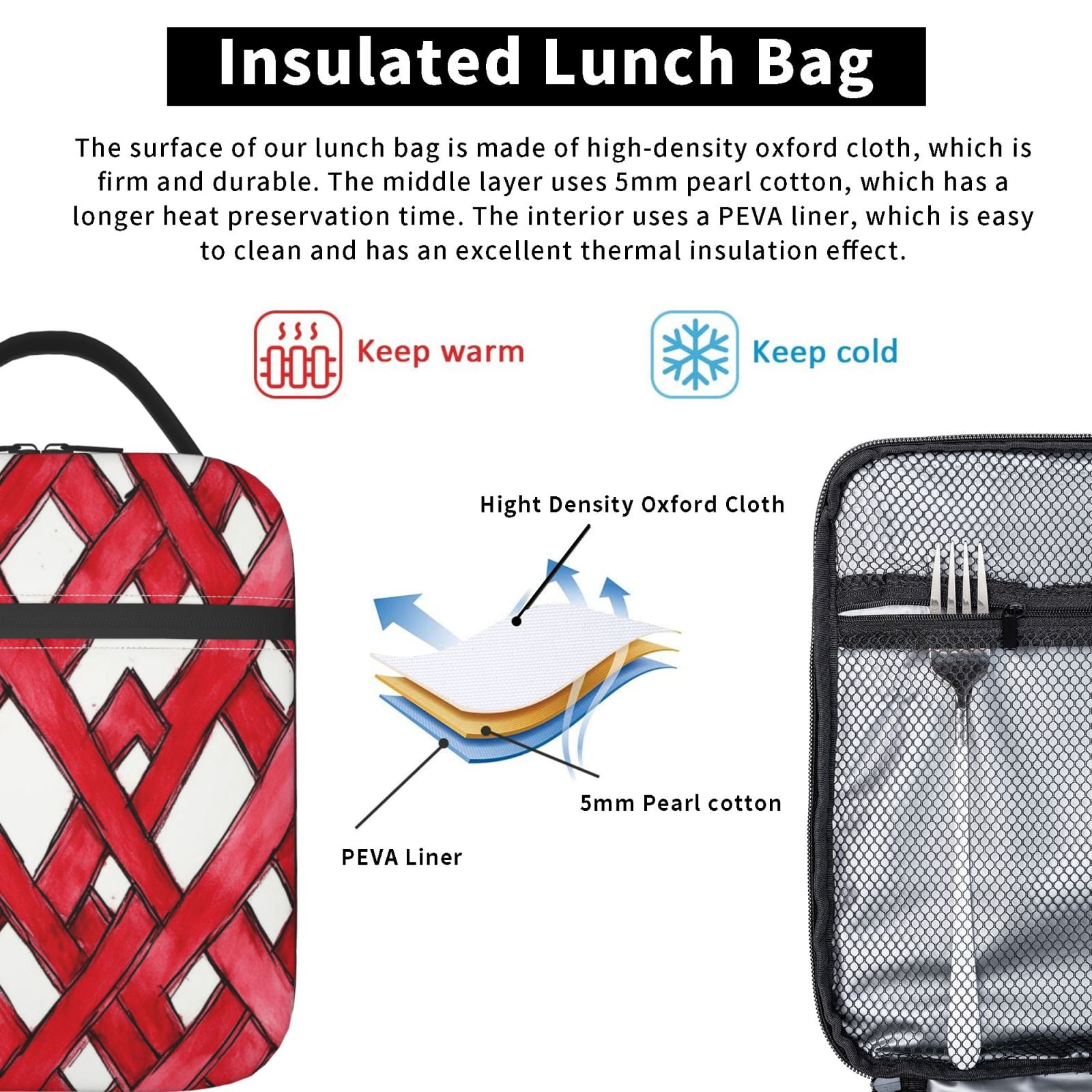 Lunch Bag For Women Men Insulated Portable Lunch Box Bento Box Office Picnic Travel Cooler Bag Crimson Moroccan Trellis Hand-Drawn Sketch_3