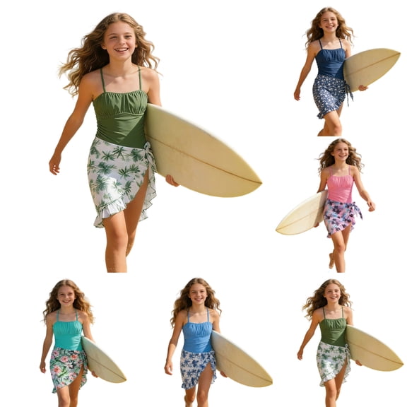 Girls One Piece Swimsuit with Cover Up Skirt Cut Out Adjustable Straps Bathing Suit Girls' Swimwear/Army Green/10Y