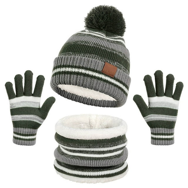 Borde niños sombrero babero y guantes conjunto otoño e invierno de punto y forro polar cálido sombrero bola de pelo 3 Piece Set