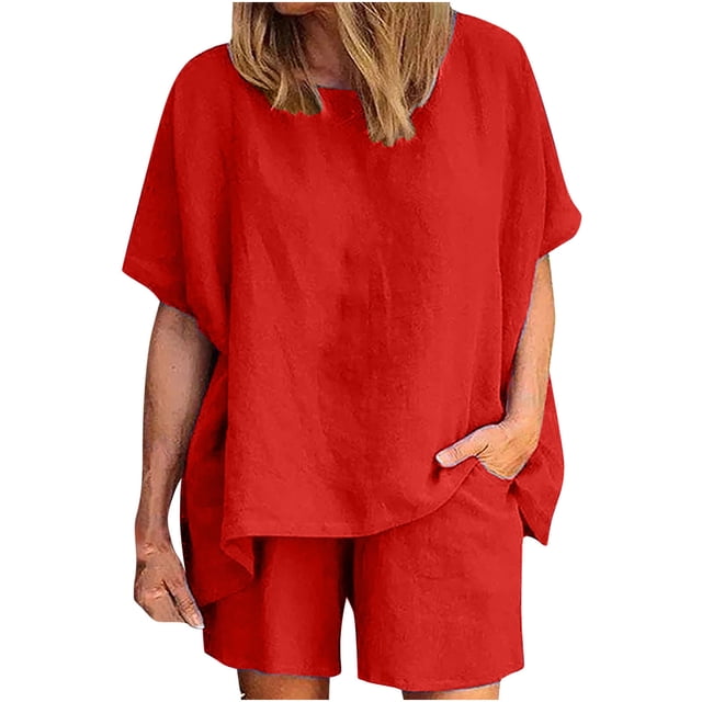Yuyuzo Femmes 2 Pièces Ensemble Lin Manches Courtes Pull Col Rond Surdimensionné Haut Taille Haute Court avec Poches