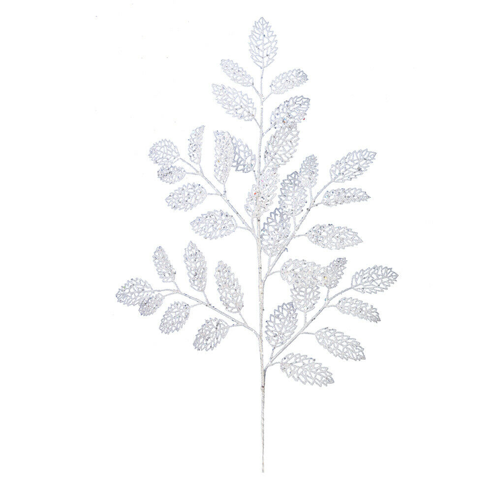 22" White Glitter Loral Leaf Spray 12/Bg