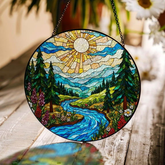 Mountain River Forest Scene Stained Glass Suncatcher Gift for Nature Lovers