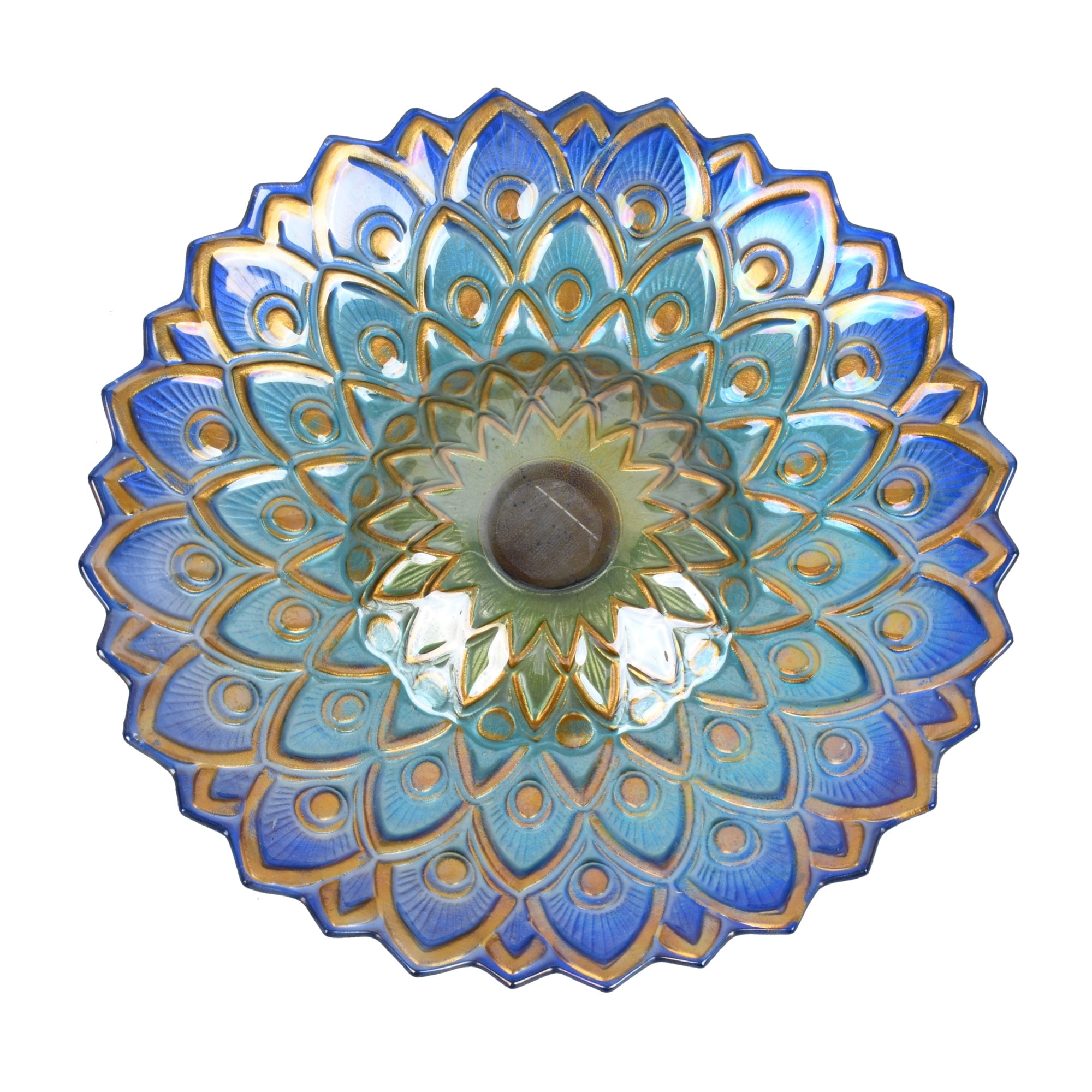 Hi-Line Gift Ltd 78415-R Solar Peacock Blue Geometric Glass Bird Bath with Stand