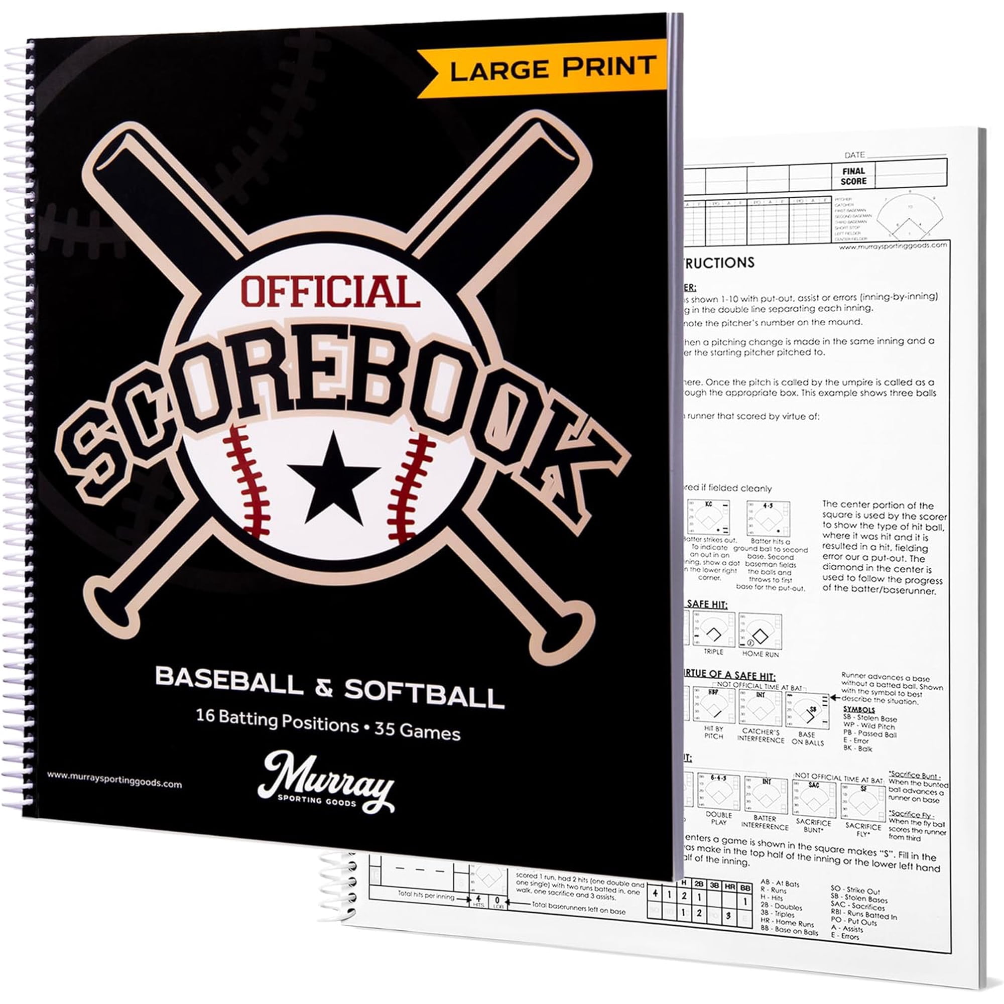 Murray Sporting Goods Baseball/Softball Scorebook - Large Print Book - Spiral Bound - 35 Games
