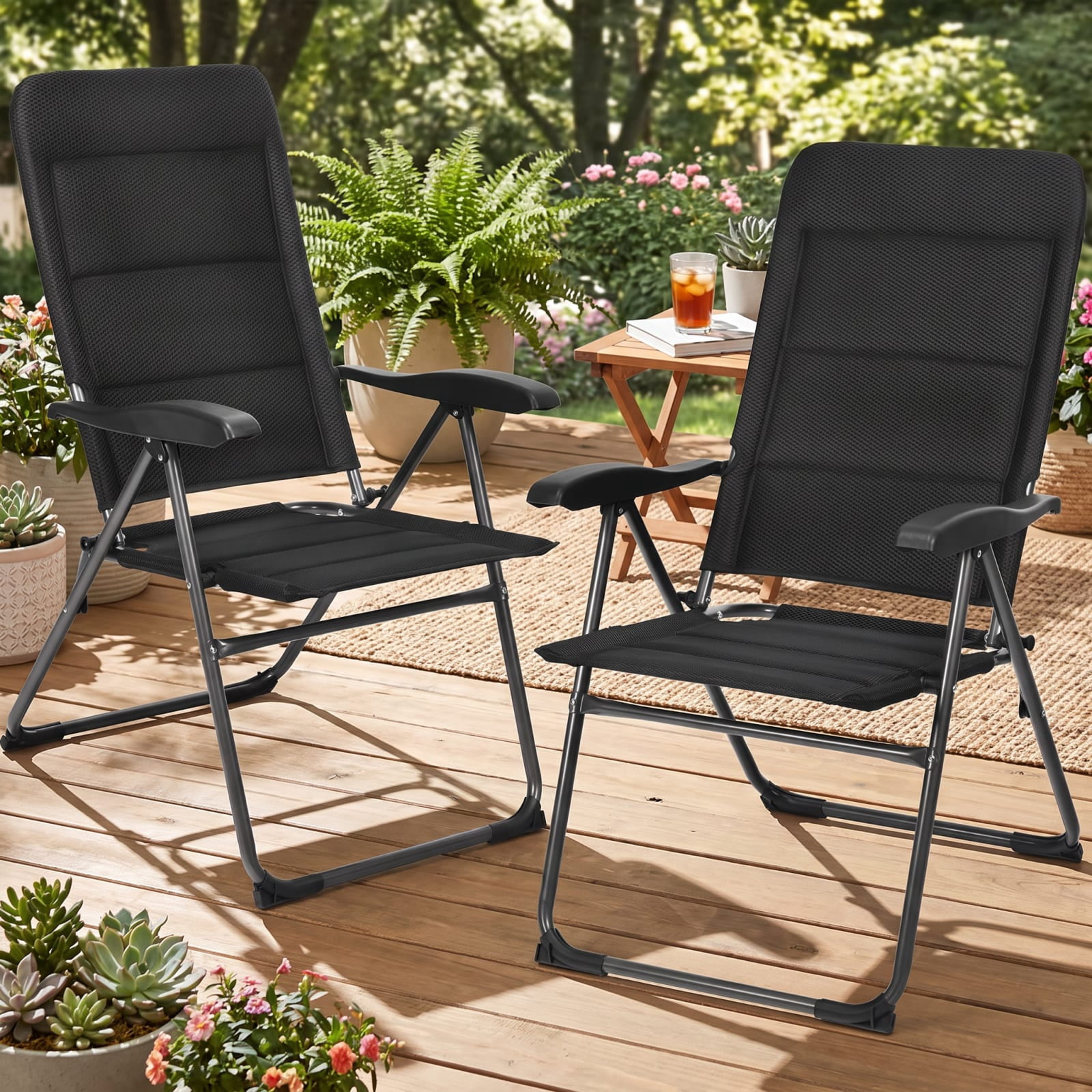 Furnibear Folding Patio Chair Solid Steel for Lawn Patio Backyard Black 300 lbs Capacity Weather-Resistant Outdoor Furniture
