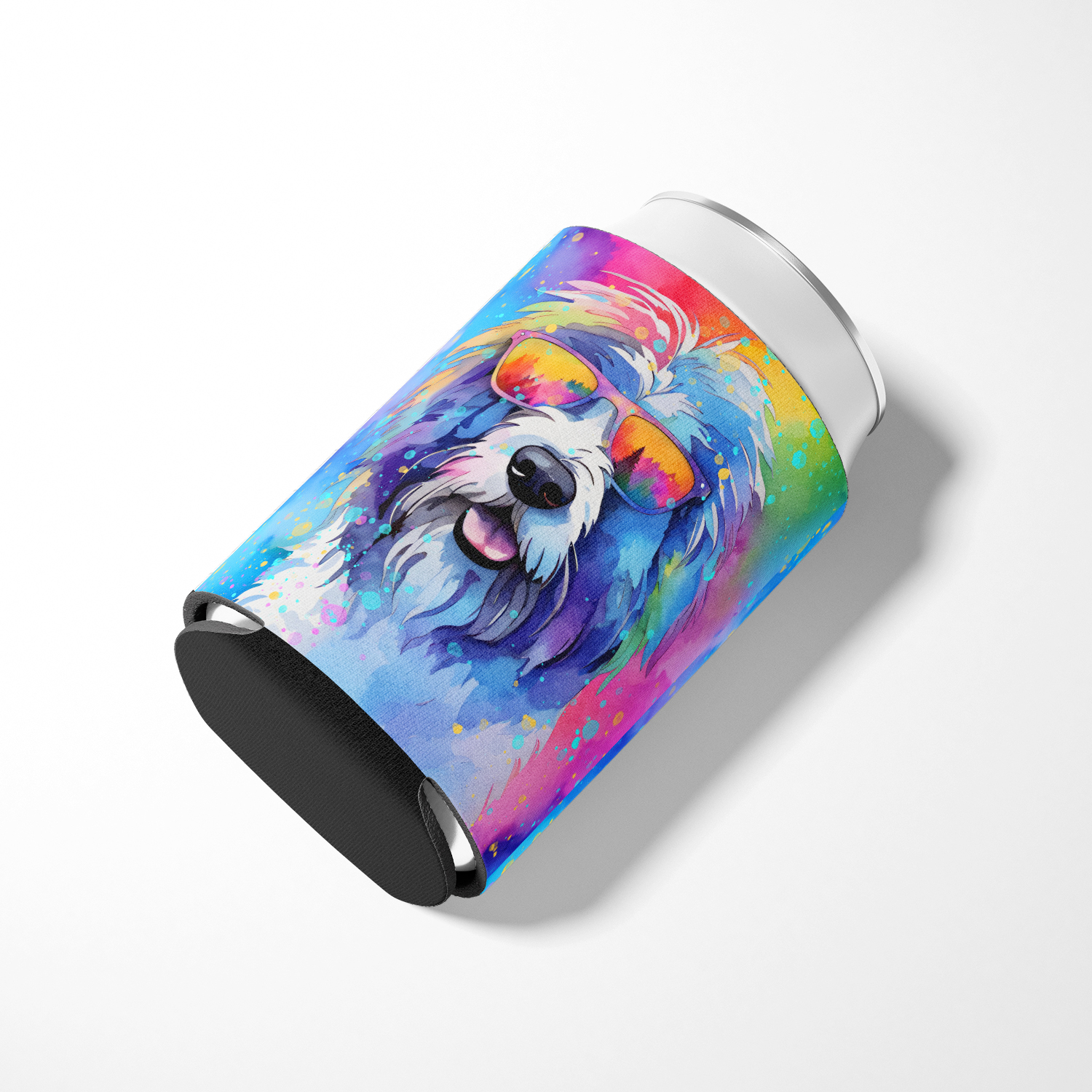 Old English Sheepdog Hippie Dawg Can or Bottle Hugger 3 in x 5 in