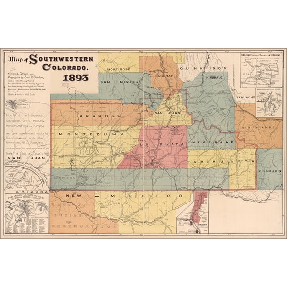 24"x36" Gallery Poster, Map of Southwestern Colorado 1893