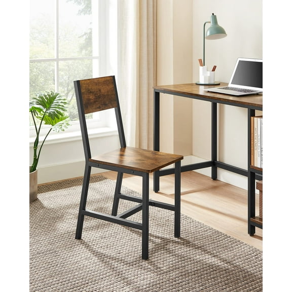 Dining Chair Set of 2, Rustic Wood Chairs with Metal Steel Frame, Easy to Assemble, Comfortable Seat, Modern Farmhouse Chair for Kitchen, Bedroom, Living Room, Rustic Brown and Ink Black