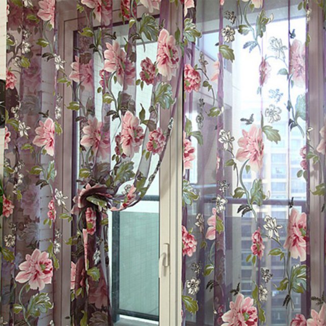 Panel de cortina de gasa de tul fino con estampado de flores para ventana de puerta de habitación Hugtrwg Para estrenar