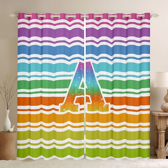 Manfei Rainbow Stripe Monogram Kitchen Curtains, Glitter Letter A Black Out Curtains Pack of 2 (42x63 Each), Multicolor White