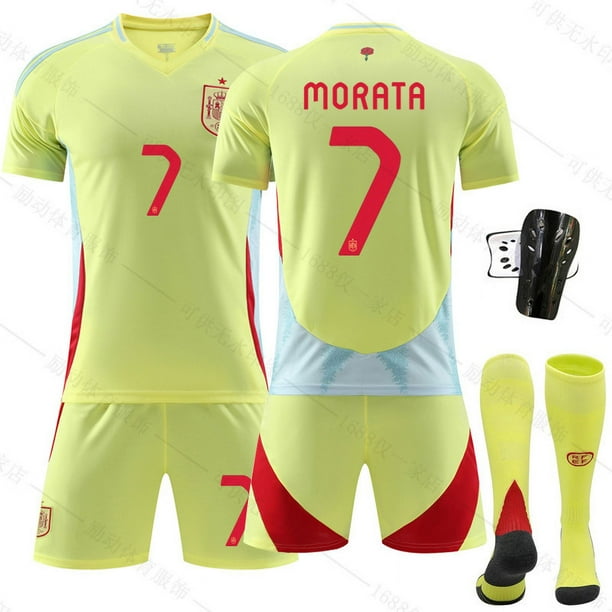 Ropa De Entrenamiento De Fútbol 2024 España Visitante Copa De Europa Traje De Fútbol Camiseta No. 7 Morata 9 Garvey 197 con calcetines y equipo de protección.