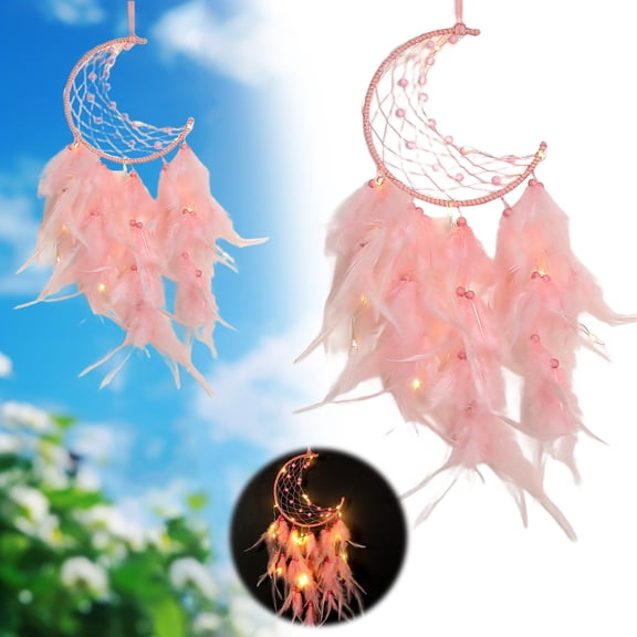 Moon Dream Catcher, Pink Handmade Moon Dream Catcher with Lights & Feathers, Dreamy Celestial Decorative Wall Hanging Ornament, Bedroom Dormitory Home Wall Decor Art Craft Gift