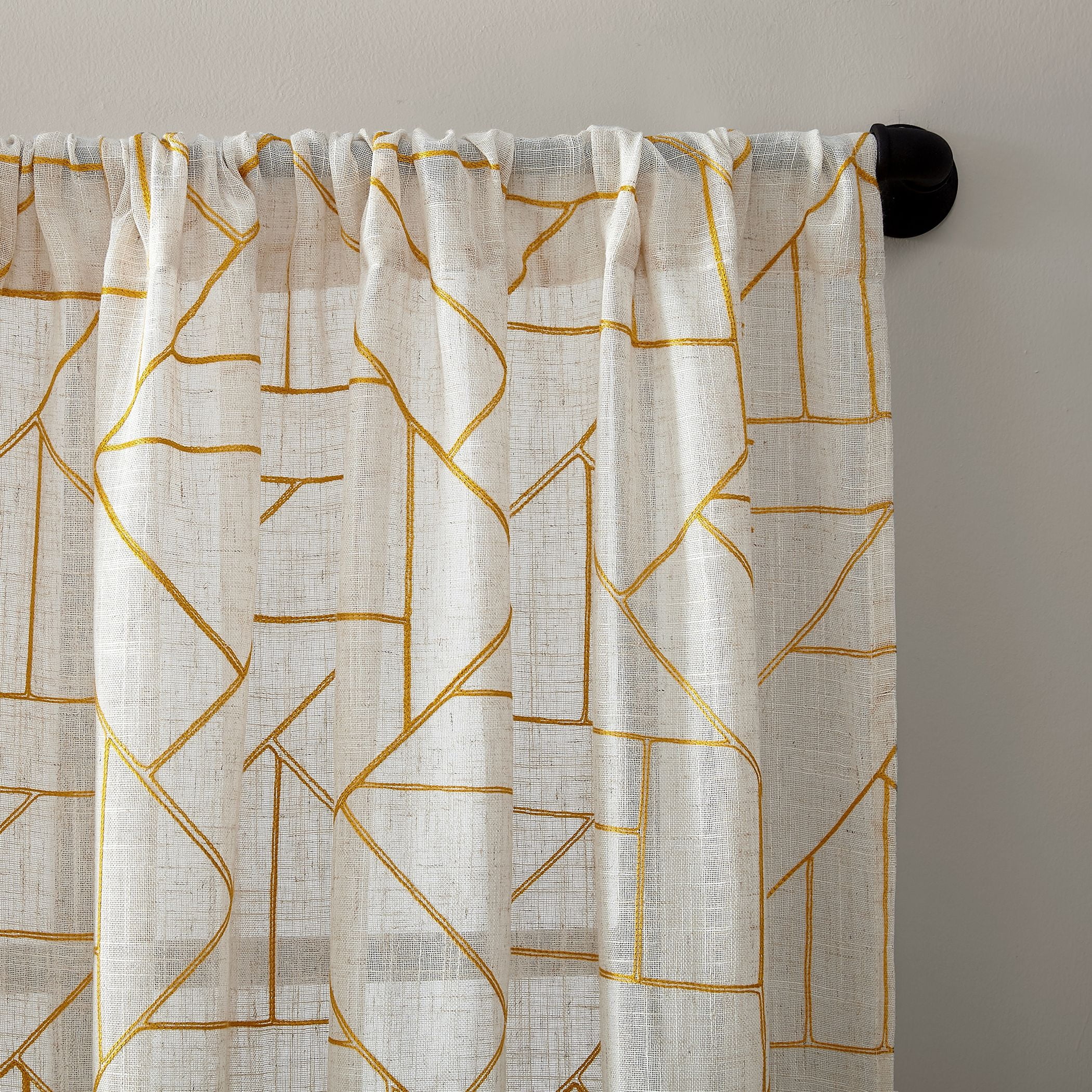 Archaeo Jigsaw Embroidery Linen Blend Curtain, 50"x95", Gold/Linen