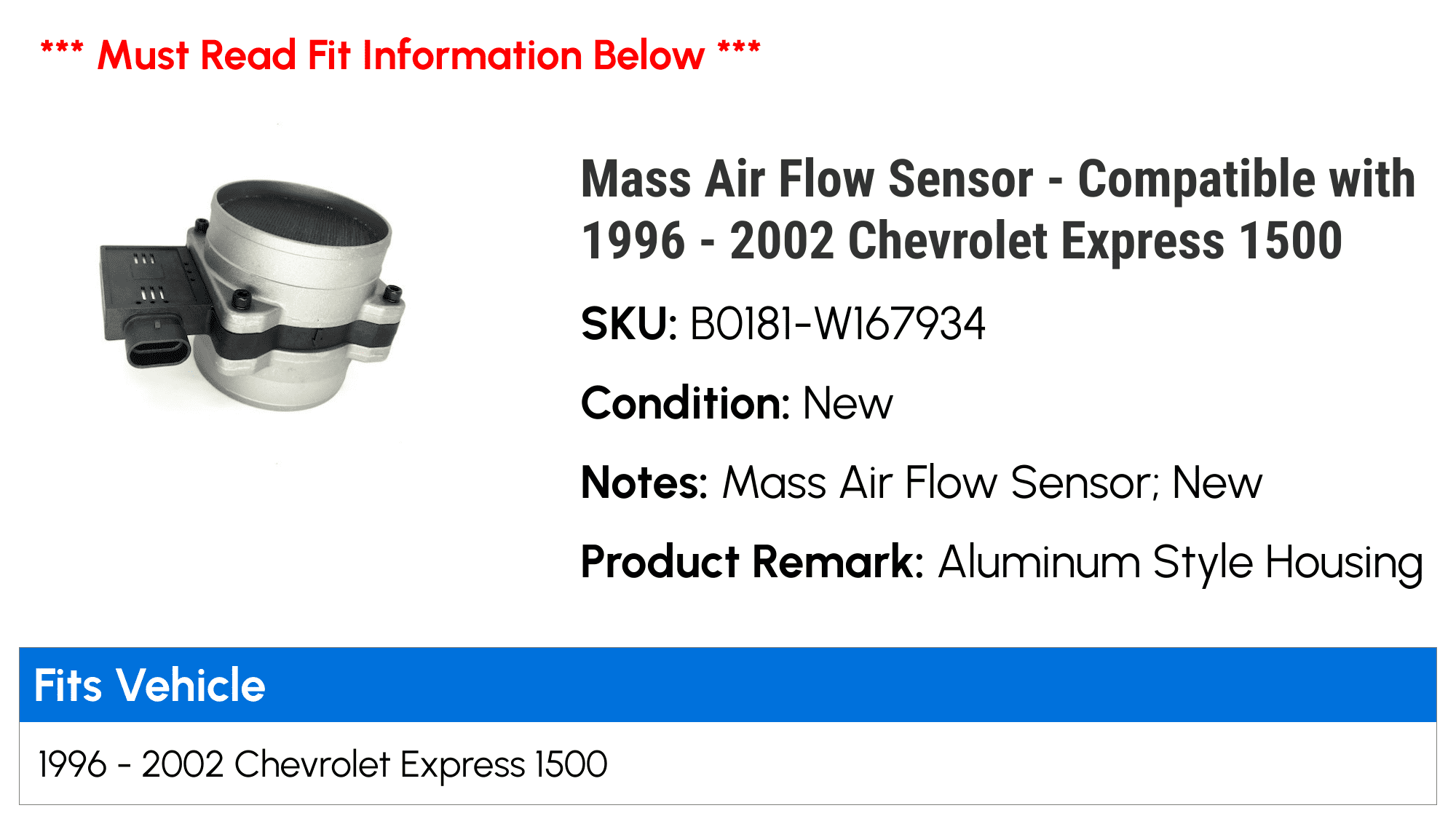 Mass Air Flow Sensor - Compatible with 1996 - 2002 Chevy Express 1500 1997 1998 1999 2000 2001