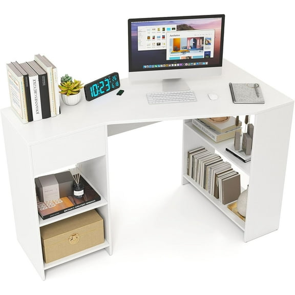 Giantex White Desk with Drawer, 48 Inch Corner Desk with Storage Shelves, Laptop PC Table for Workstation, Vanity Table for Bedroom, Modern Wood Executive Study Writing Table for Small Space