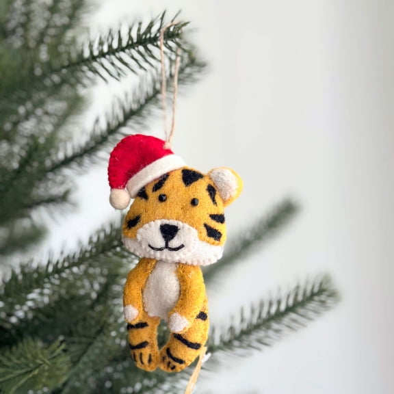Felt Tiger with Christmas Hat Ornament