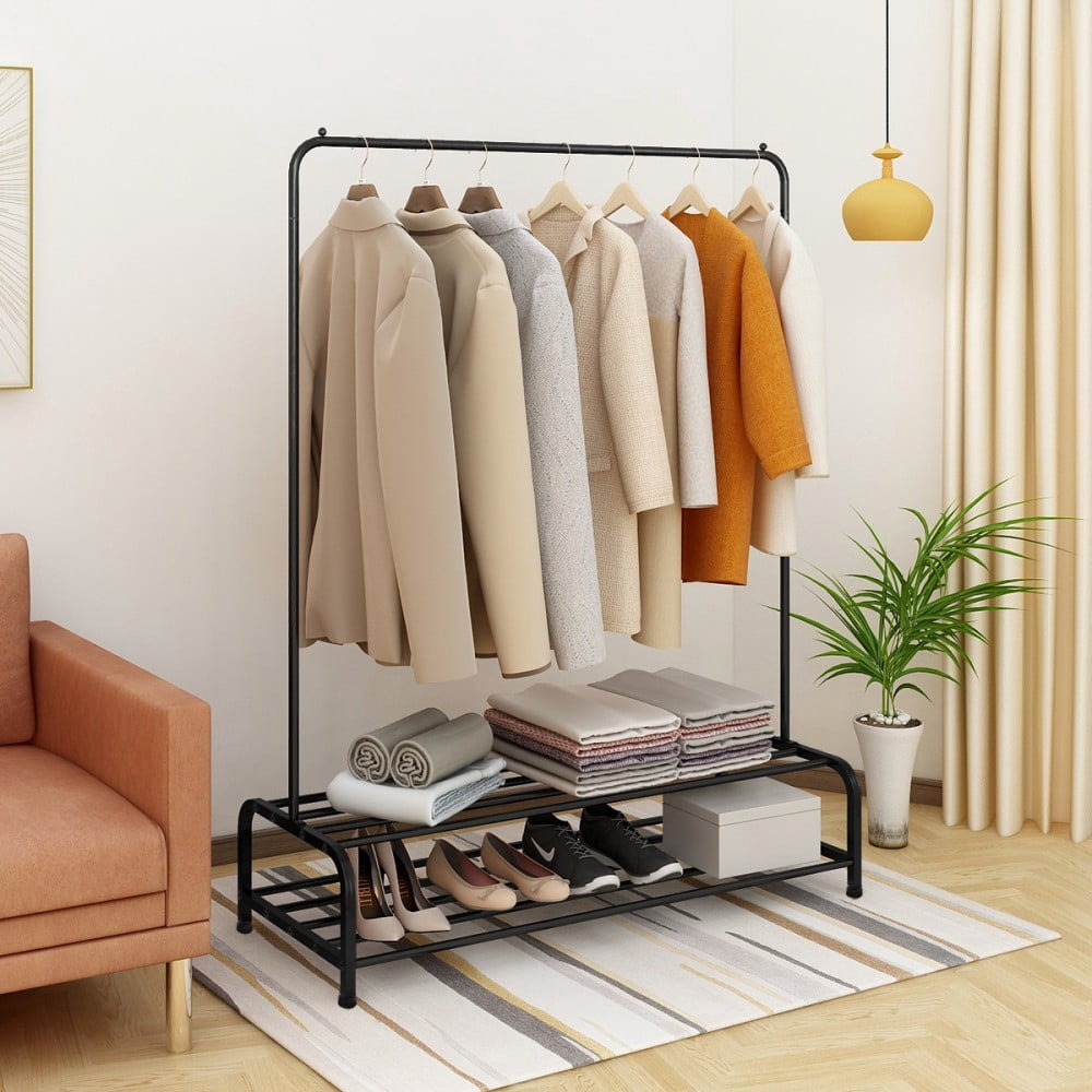 Heavy Duty Garment Rack, Metal Clothes Rack with Bottom Shelf, Freestanding Clothing Rack for Bedroom, Laundry Room, Entryway, Small Spaces, Black