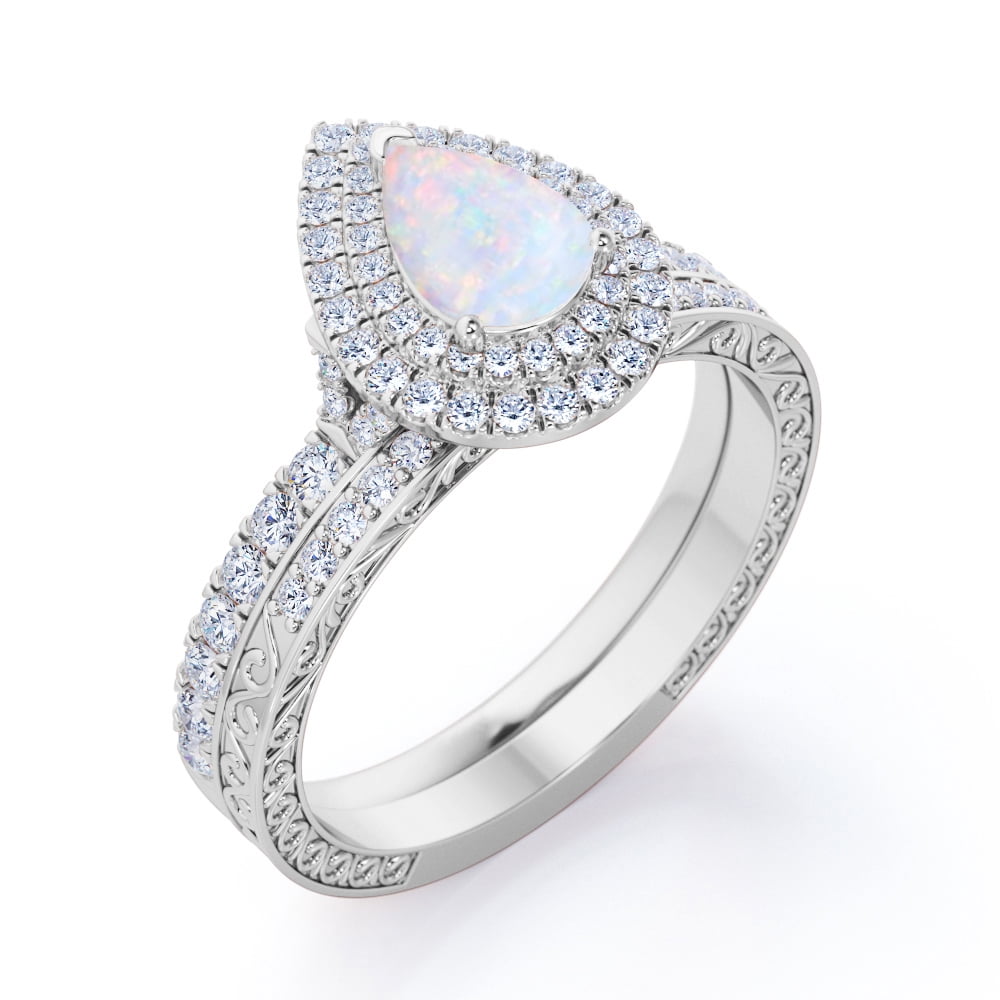 JeenMata Double Halo Set 1.75 Carat Pear Shape Ethiopian Opal and Moissanite Pave Victorian Bridal Ring Set in 18K White Gold Plating over Silver