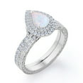 thumbnail image 4 of JeenMata Double Halo Set 1.75 Carat Pear Shape Ethiopian Opal and Moissanite Pave Victorian Bridal Ring Set in 18K White Gold Plating over Silver, 4 of 7