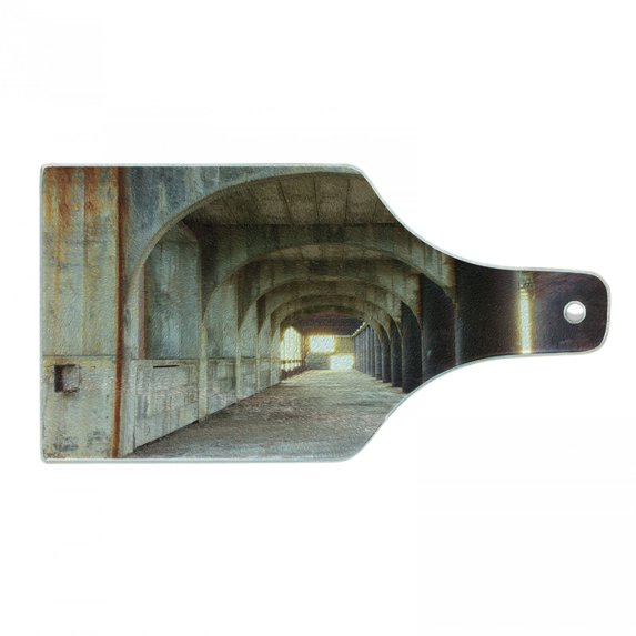 Urban Cutting Board, Corridor of Concrete Pillars Structure Urban Industrial Rustic Style Art, Decorative Tempered Glass Cutting and Serving Board, Wine Bottle Shape, Purple Brown, by Ambesonne