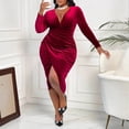 thumbnail image 5 of Plus Size Womens Burgundy V Neck High Waist Midi Dress Long Sleeve Knitted Bodycon Slit Fall Winter, 5 of 6