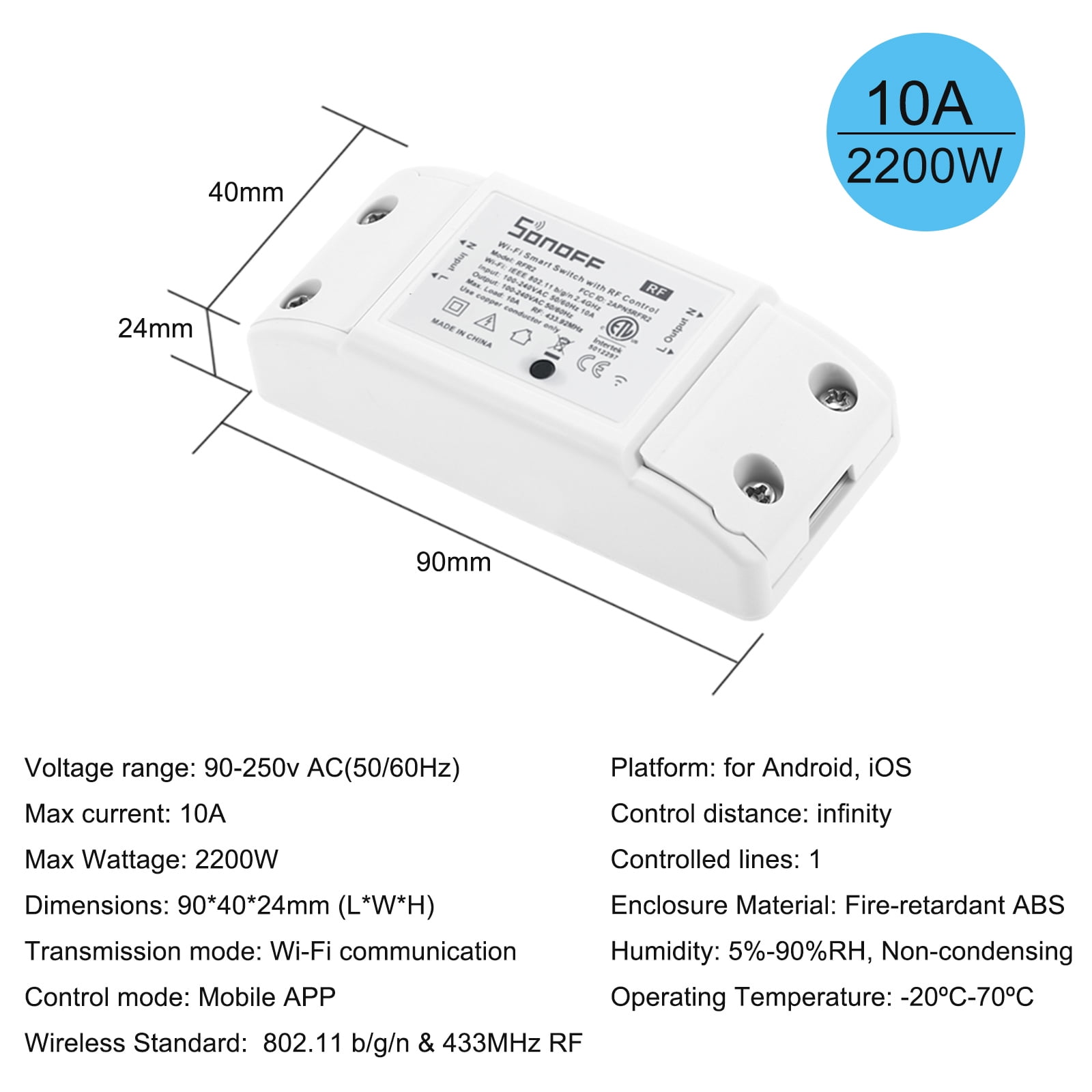 2200W Commutateur sans Fil avec Timer Télécommande pour Android/iOS APP Commande pour Appareils électriques Smart Home Docooler SONOFF RF Interrupteur WiFi RF 433MHz Compatible avec Alexa 10A
